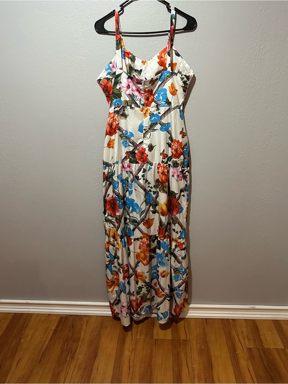 Floral Spaghetti-Strap Maxi Dress in White with Multicolor Blooms